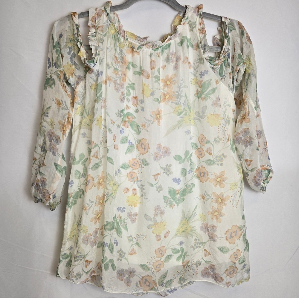 Giusy Made in Italy Silk Cold Shoulder Floral Blouse, Fairy Cottagecore, Small